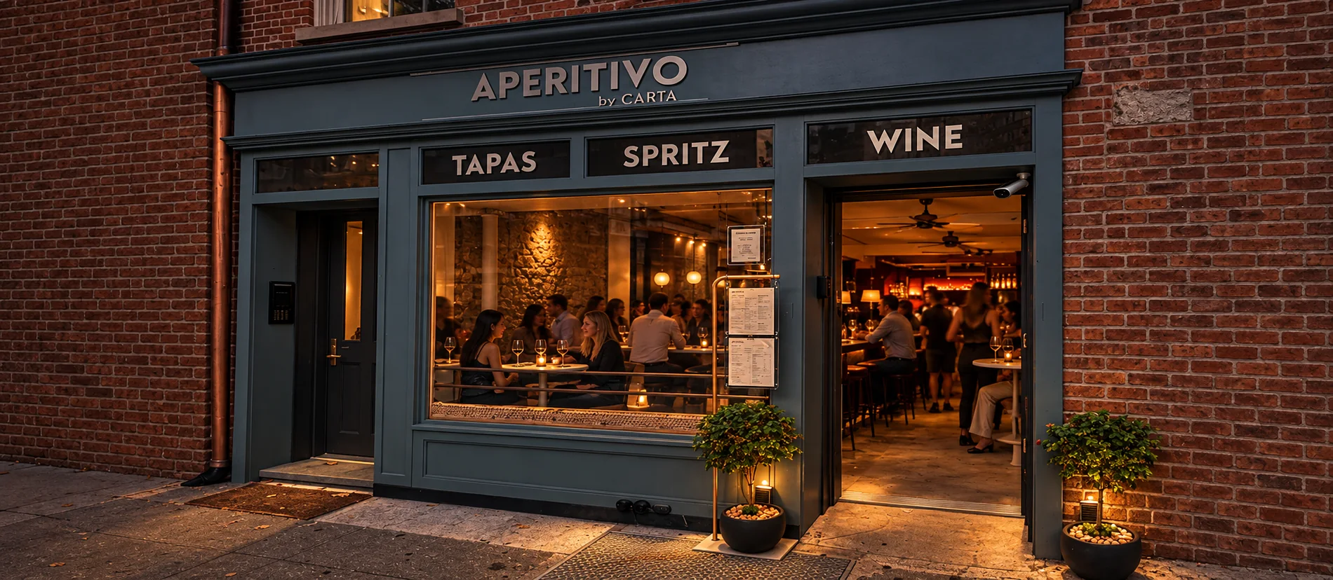 APERITIVO by CARTA storefront at night with guests inside